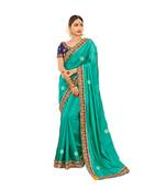 Turquoise Embroidered Cotton Silk Saree With Blouse