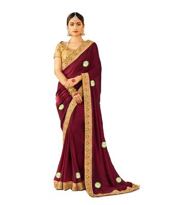 Maroon Embroidered Cotton Silk Saree With Blouse 1