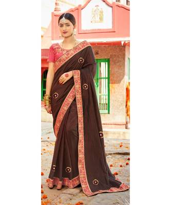 Brown Embroidered Cotton Silk Saree With Blouse 1