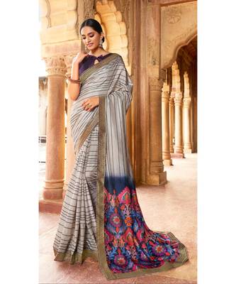 Grey Printed Cotton Saree With Blouse 1