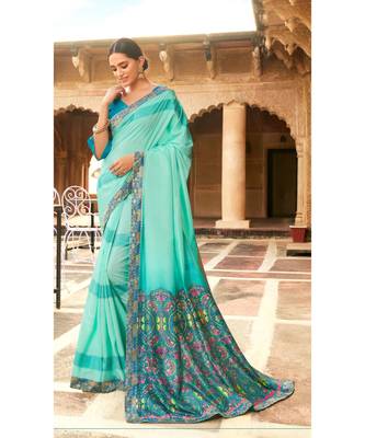 Turquoise Printed Cotton Saree With Blouse 1