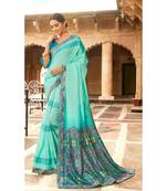 Turquoise Printed Cotton Saree With Blouse
