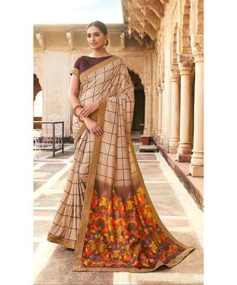 Beige Printed Cotton Saree With Blouse 1