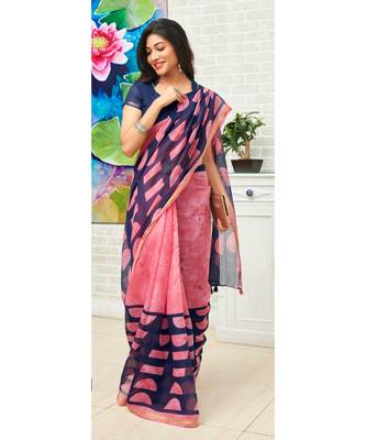 Pink Printed Cotton Saree With Blouse 1