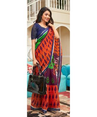 Orange Printed Cotton Saree With Blouse 1