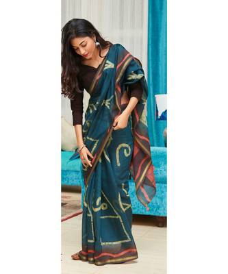 Green Printed Cotton Saree With Blouse 1