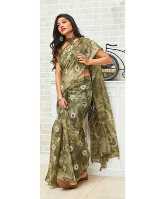 Green Printed Cotton Saree With Blouse 1