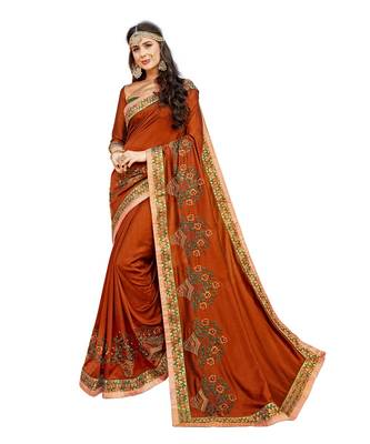 Rust Embroidered Cotton Silk Saree With Blouse 1