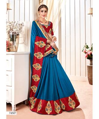 Blue Embroidered Cotton Silk Saree With Blouse 1