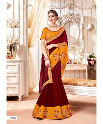Maroon Embroidered Cotton Silk Saree With Blouse 1
