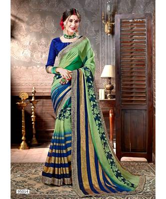 Green Printed Viscose Rayon Saree With Blouse 1