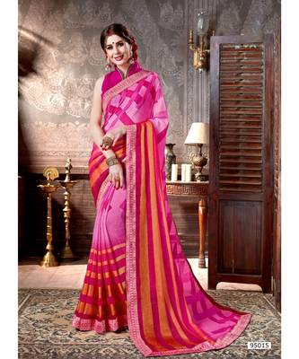 Pink Printed Viscose Rayon Saree With Blouse 1