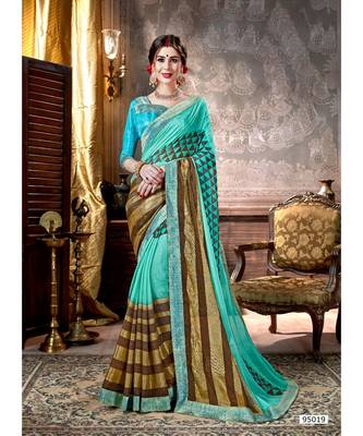 Turquoise Printed Viscose Rayon Saree With Blouse 1