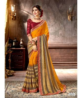 Orange Printed Viscose Rayon Saree With Blouse 1