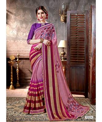 Pink Printed Viscose Rayon Saree With Blouse 1