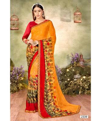 Yellow Printed Georgette Saree With Blouse 1