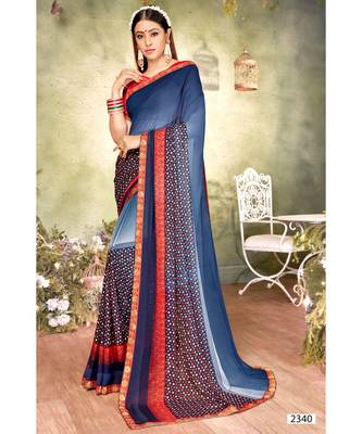 Blue Printed Georgette Saree With Blouse 1