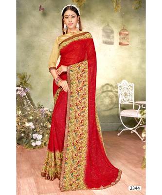 Red Printed Georgette Saree With Blouse 1