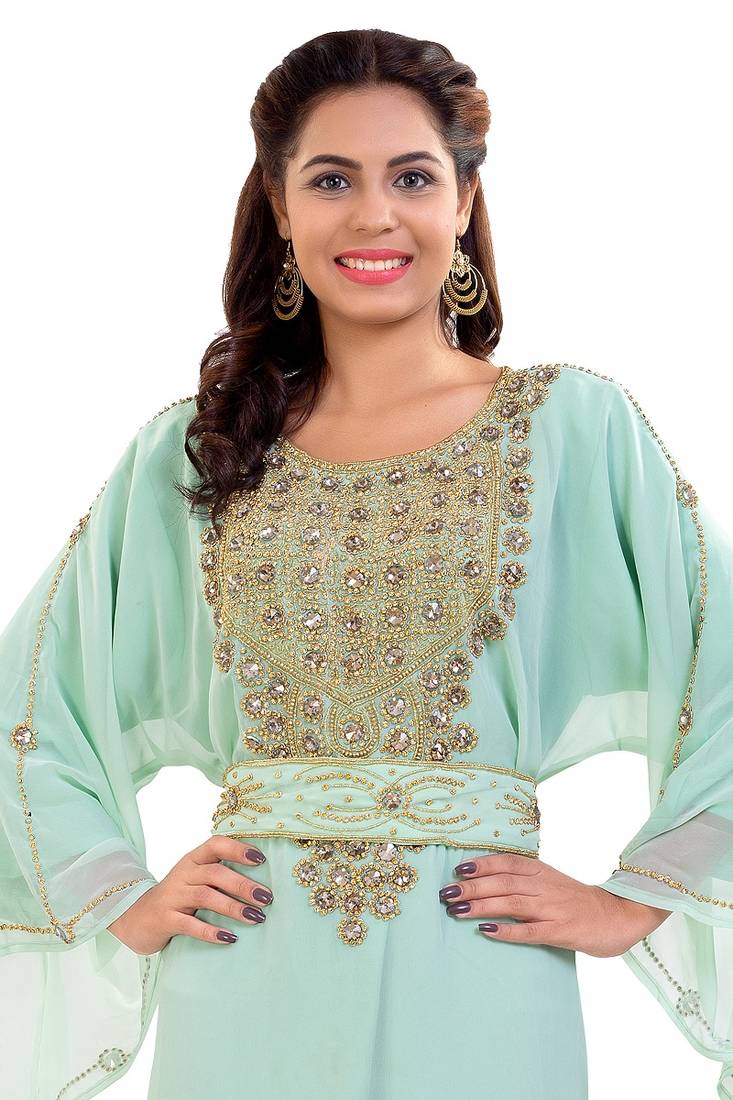 Pista Hand Embroidered Georgette Moroccan Kaftan