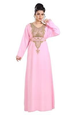 Baby Pink Hand Embroidered Georgette Dubai Kaftan 1