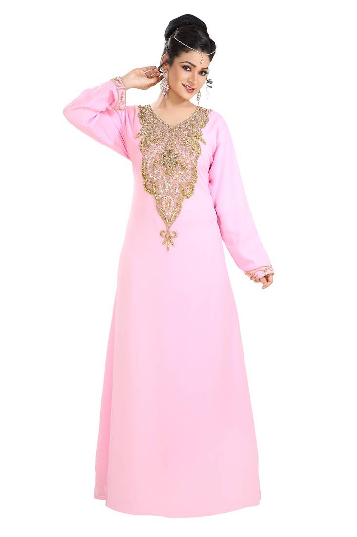 Baby Pink Hand Embroidered Georgette Dubai Kaftan