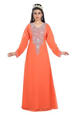 Orange Hand Embroidered Georgette Kurdish Dress 1