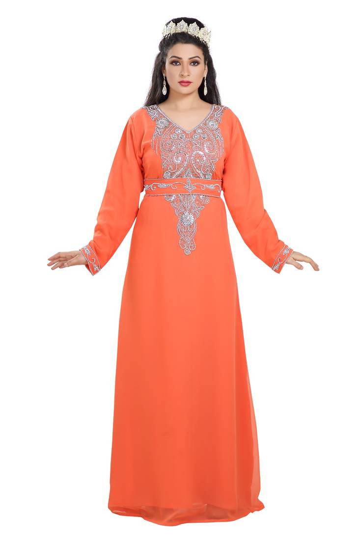 Orange Hand Embroidered Georgette Kurdish Dress