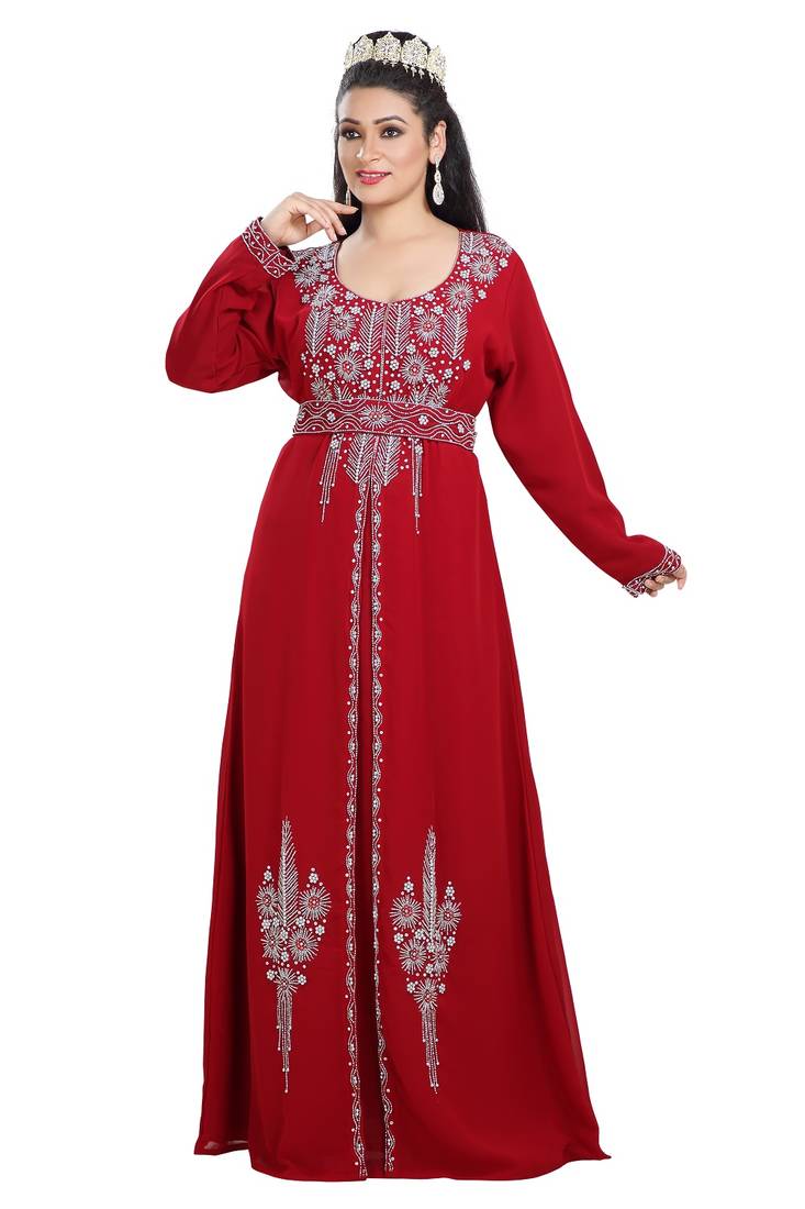 Maroon Hand Embroidered Georgette Prom Dress