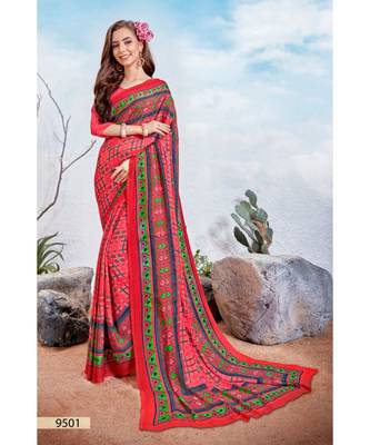 Pink Printed Silk Blend Saree With Blouse 1