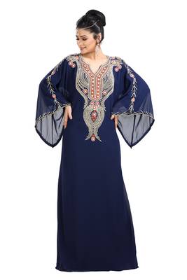 Navy Blue Hand Embroidered Georgette Henna Party Gown 1