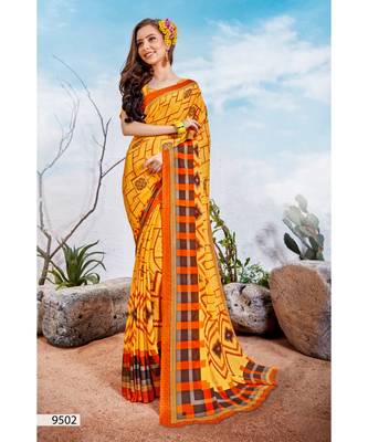 Yellow Printed Silk Blend Saree With Blouse 1