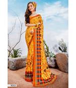 Yellow Printed Silk Blend Saree With Blouse