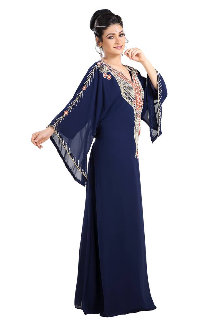 Navy Blue Hand Embroidered Georgette Henna Party Gown
