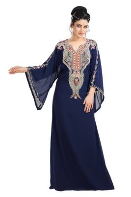 Navy Blue Hand Embroidered Georgette Henna Party Gown 3