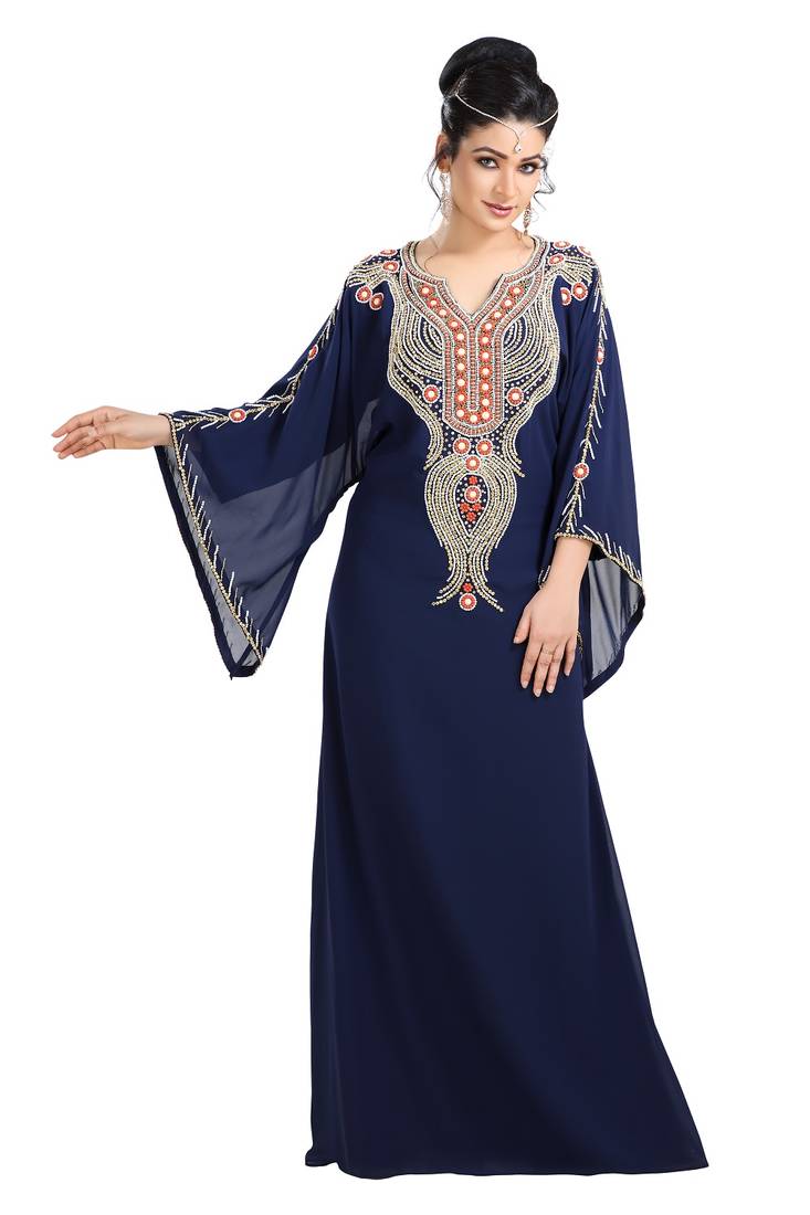 Navy Blue Hand Embroidered Georgette Henna Party Gown