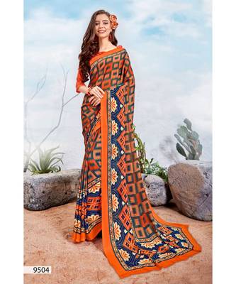 Orange Printed Silk Blend Saree With Blouse 1