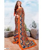 Orange Printed Silk Blend Saree With Blouse