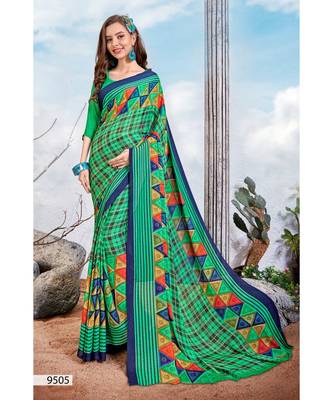 Green Printed Silk Blend Saree With Blouse 1