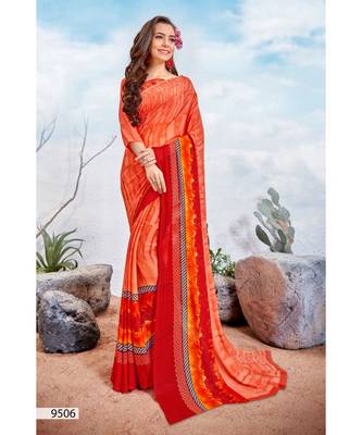 Orange Printed Silk Blend Saree With Blouse 1