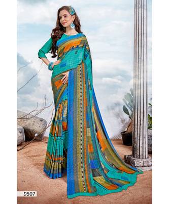 Blue Printed Silk Blend Saree With Blouse 1