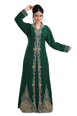 Bottle Green Hand Embroidered Georgette Palestinian Farasha 1