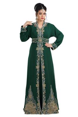 Bottle Green Hand Embroidered Georgette Palestinian Farasha 2