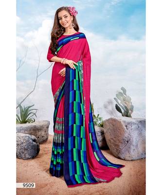 Pink Printed Silk Blend Saree With Blouse 1