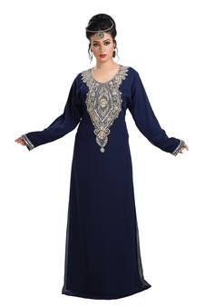 Navy Blue Hand Embroidered Georgette Haute Coutre Designer Abaya