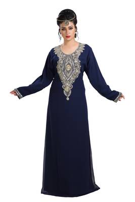 Navy Blue Hand Embroidered Georgette Haute Coutre Designer Abaya 1