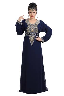 Navy Blue Hand Embroidered Georgette Haute Coutre Designer Abaya 2