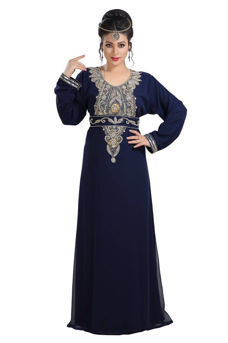 Navy Blue Hand Embroidered Georgette Haute Coutre Designer Abaya