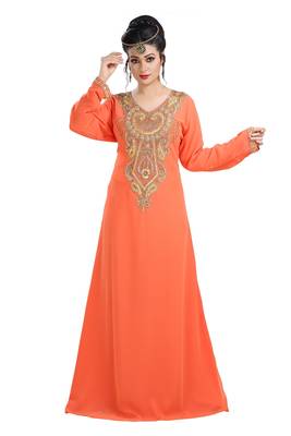 Orange Hand Embroidered Georgette Cocktail Party Gown 1