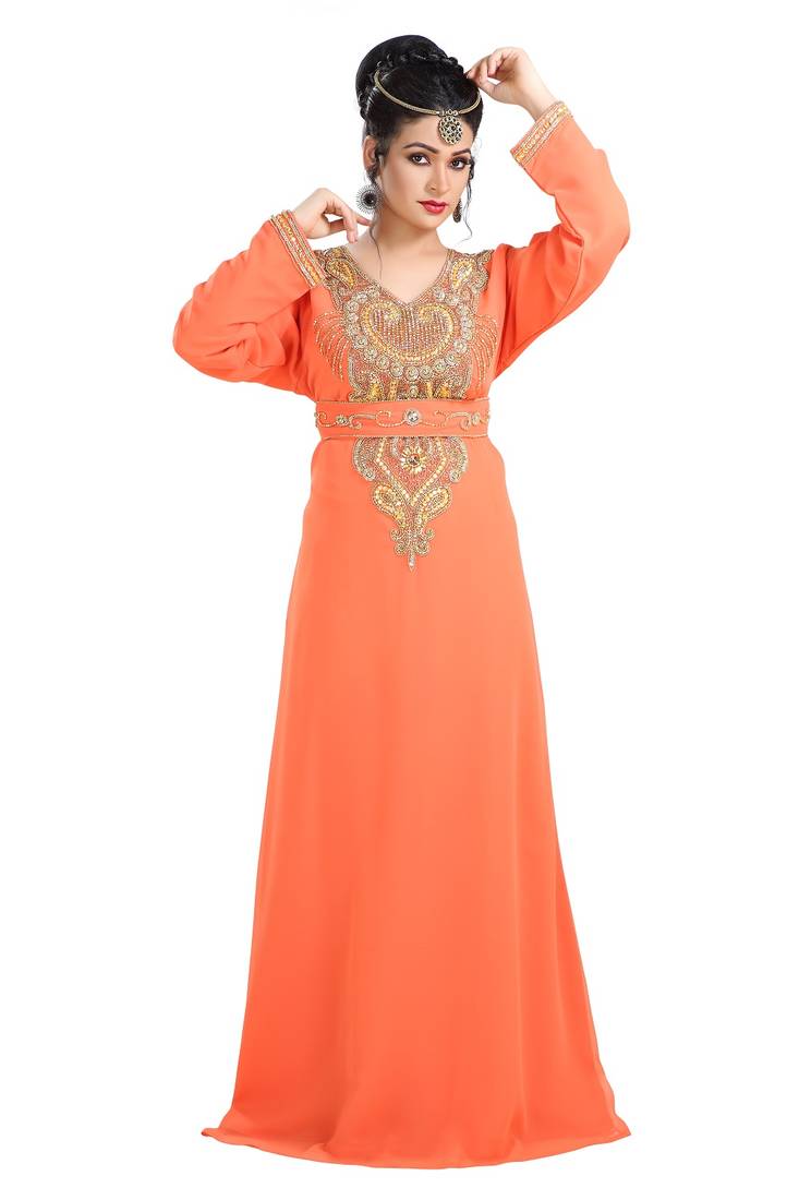 Orange Hand Embroidered Georgette Cocktail Party Gown