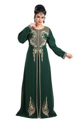 Bottle Green Hand Embroidered Georgette Traditional Kaftan 1